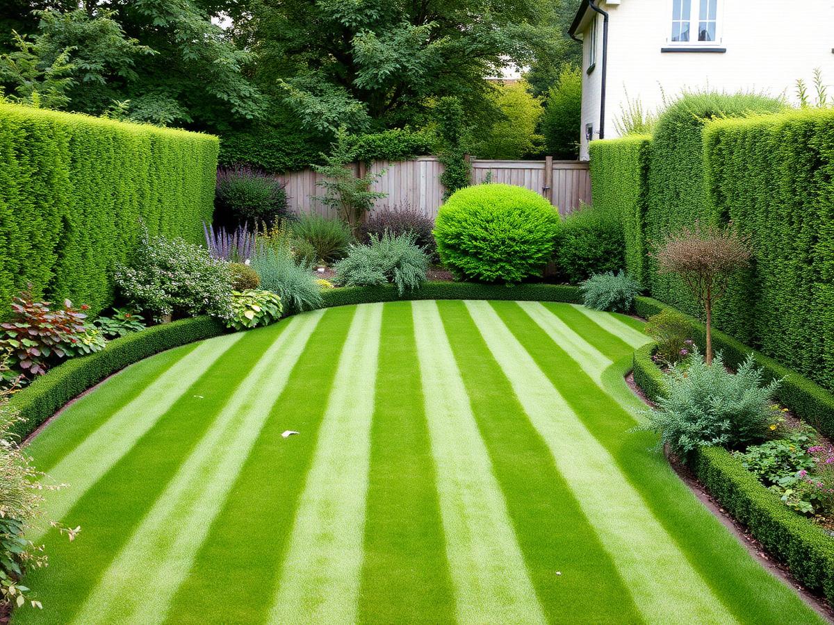 The same garden after restoration with a striped lawn and edged borders