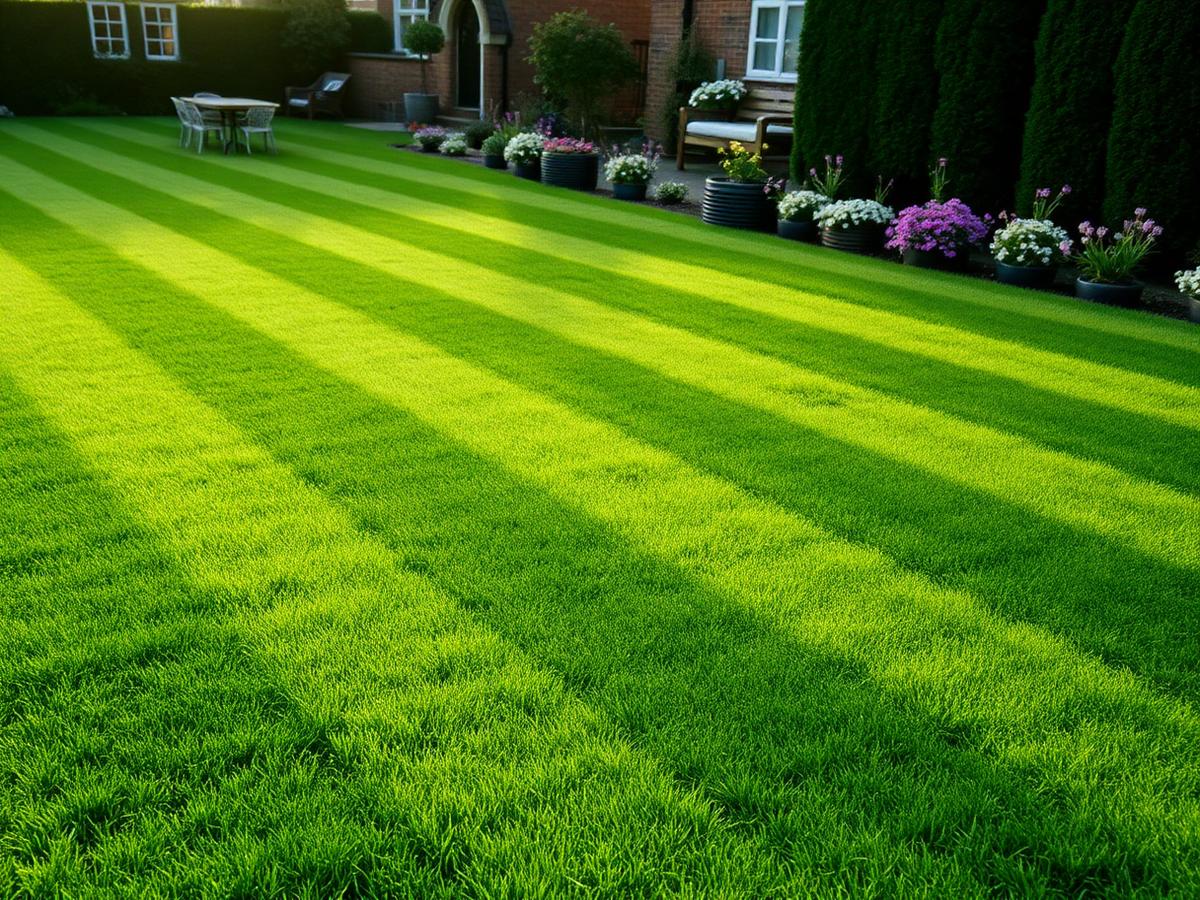 A thick dark green striped lawn after treatment
