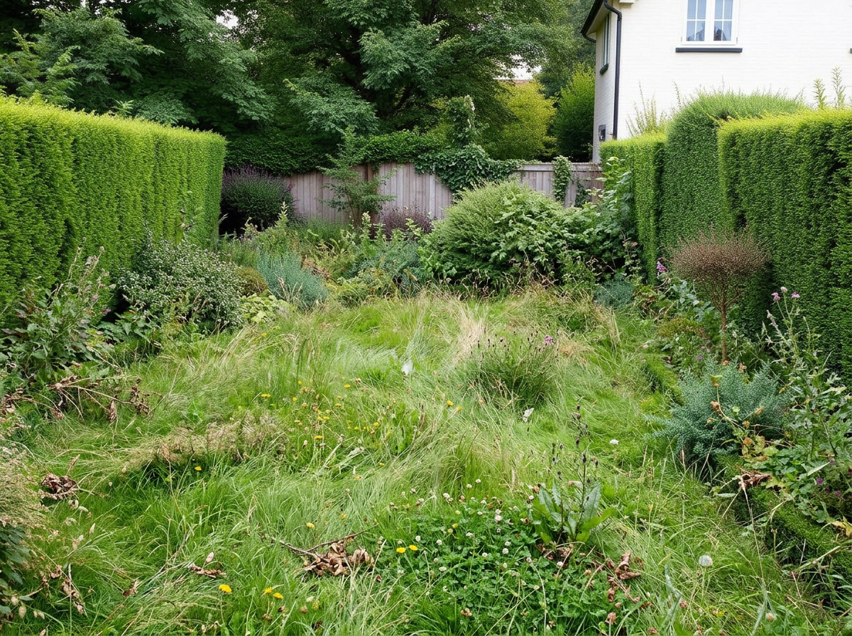 An overgrown back garden with long grass and weedy borders before restoration