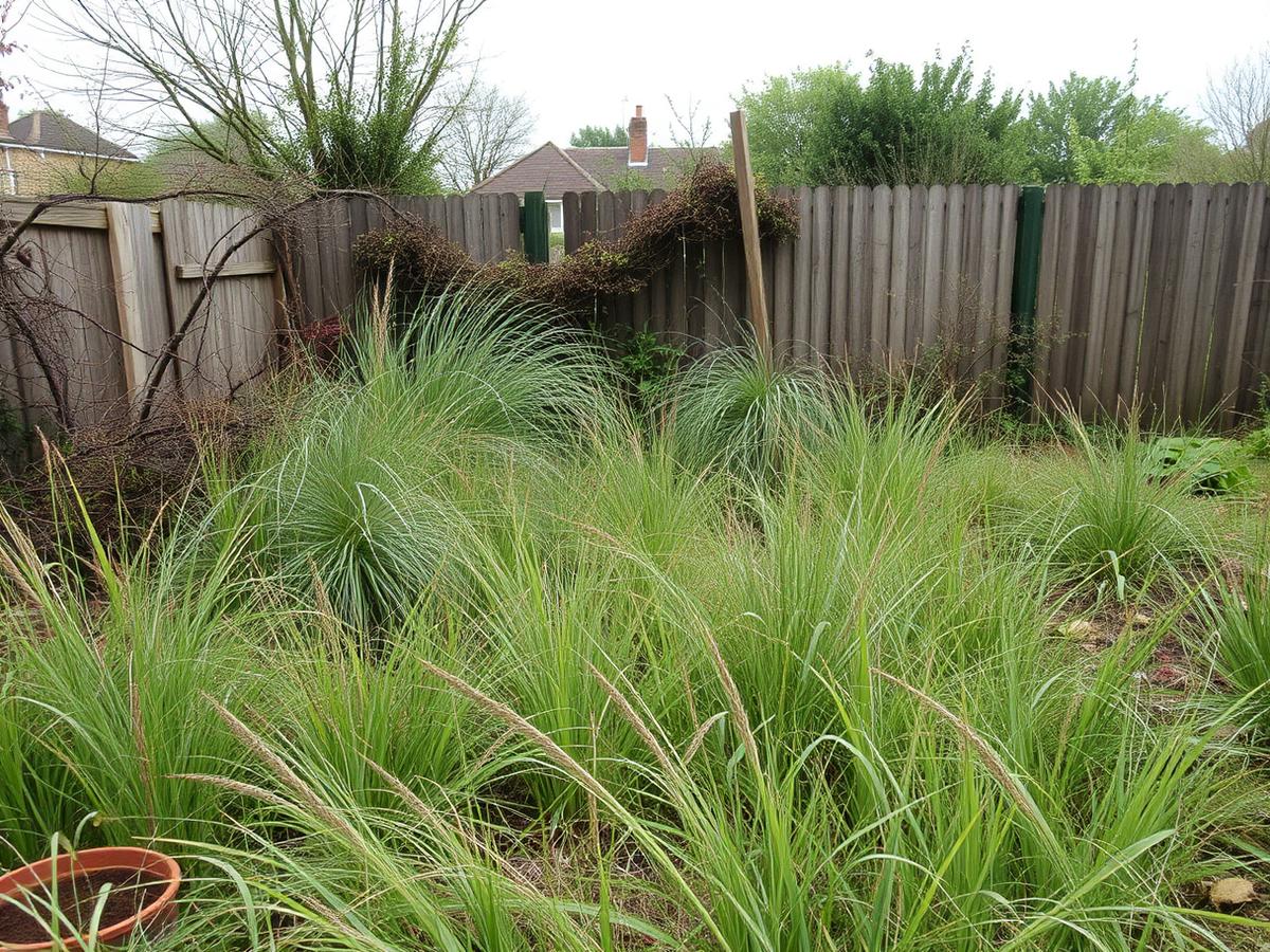 An overgrown back garden with long grass and weedy borders before restoration