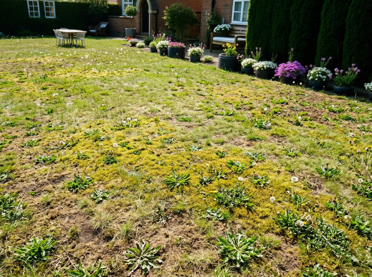 A patchy weedy lawn with moss and dandelions before treatment