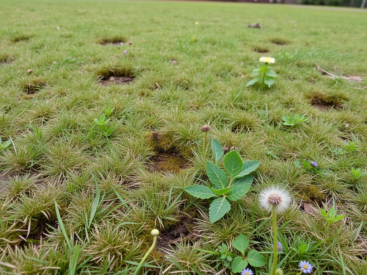 A patchy weedy lawn with moss and dandelions before treatment