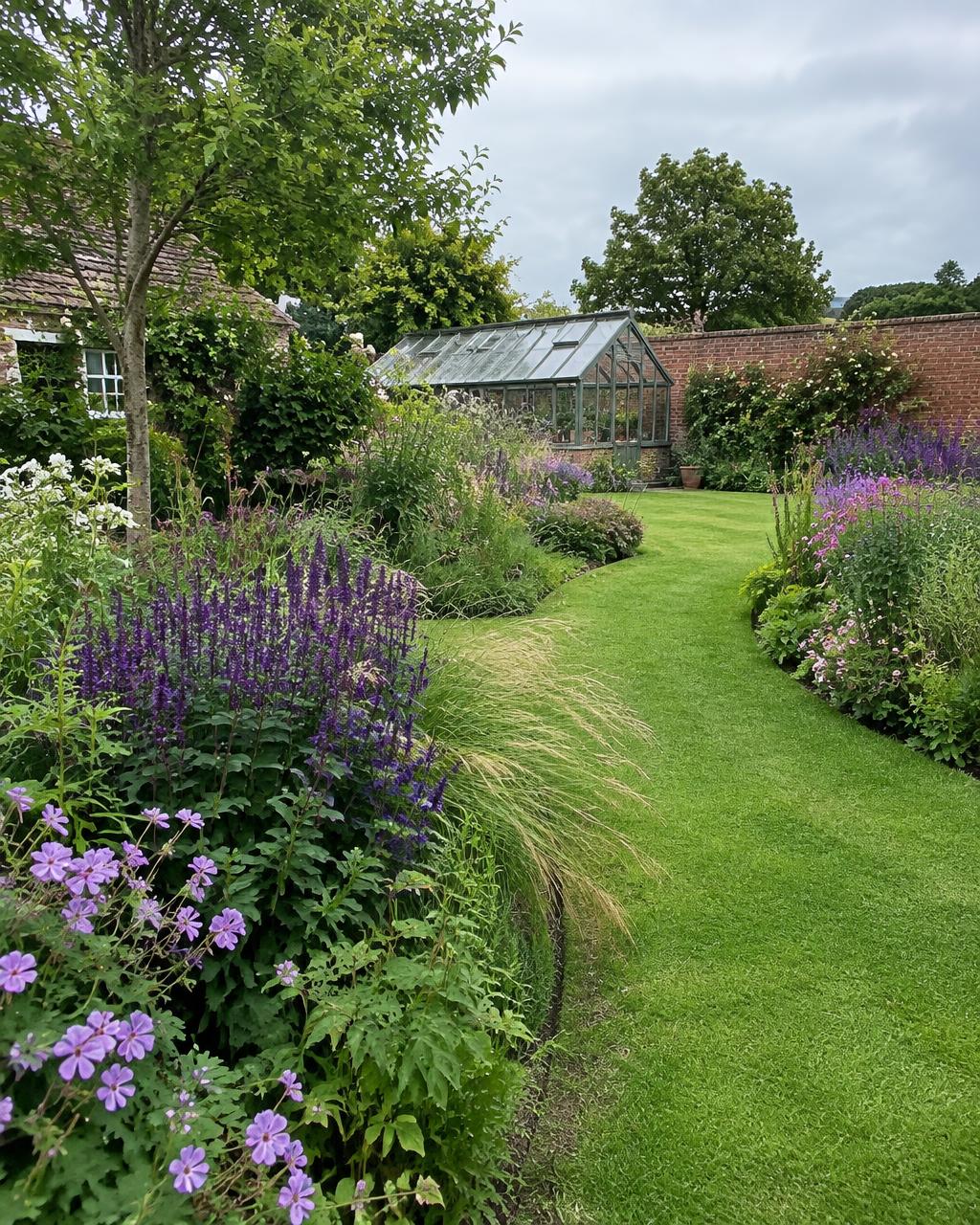 A walled cottage garden with deep planted borders and a mown lawn path