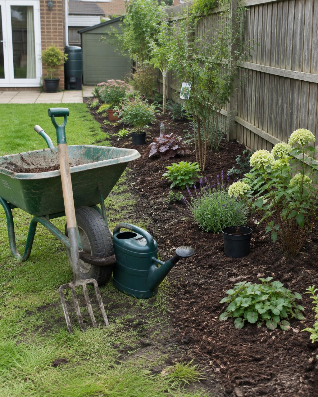 A border mid-planting with fresh mulch, a wheelbarrow and fork at rest