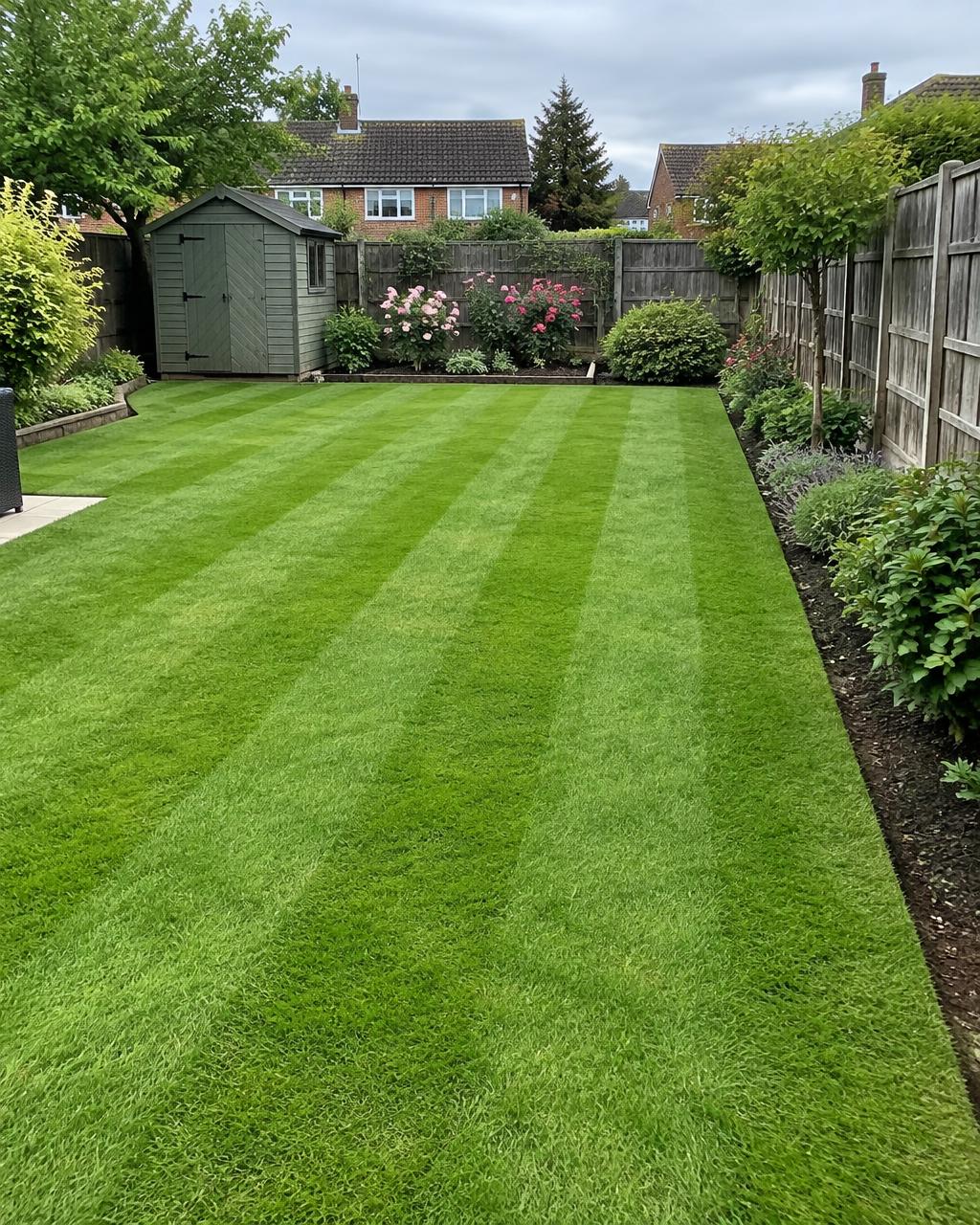 A suburban back lawn freshly mown with stripes and sharply edged borders