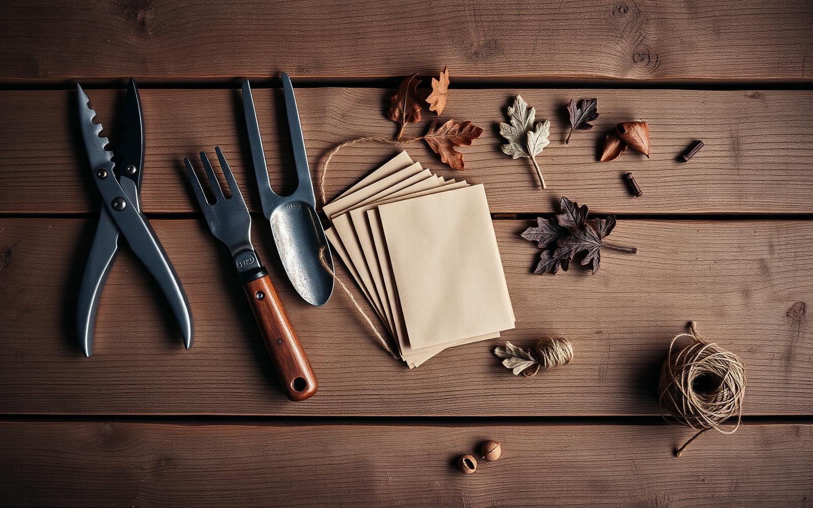 Gardening tools laid out on a workbench