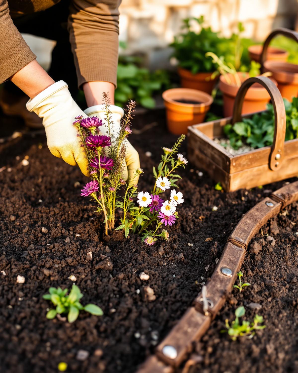 Gloved hands planting herbaceous perennials into a freshly prepared border