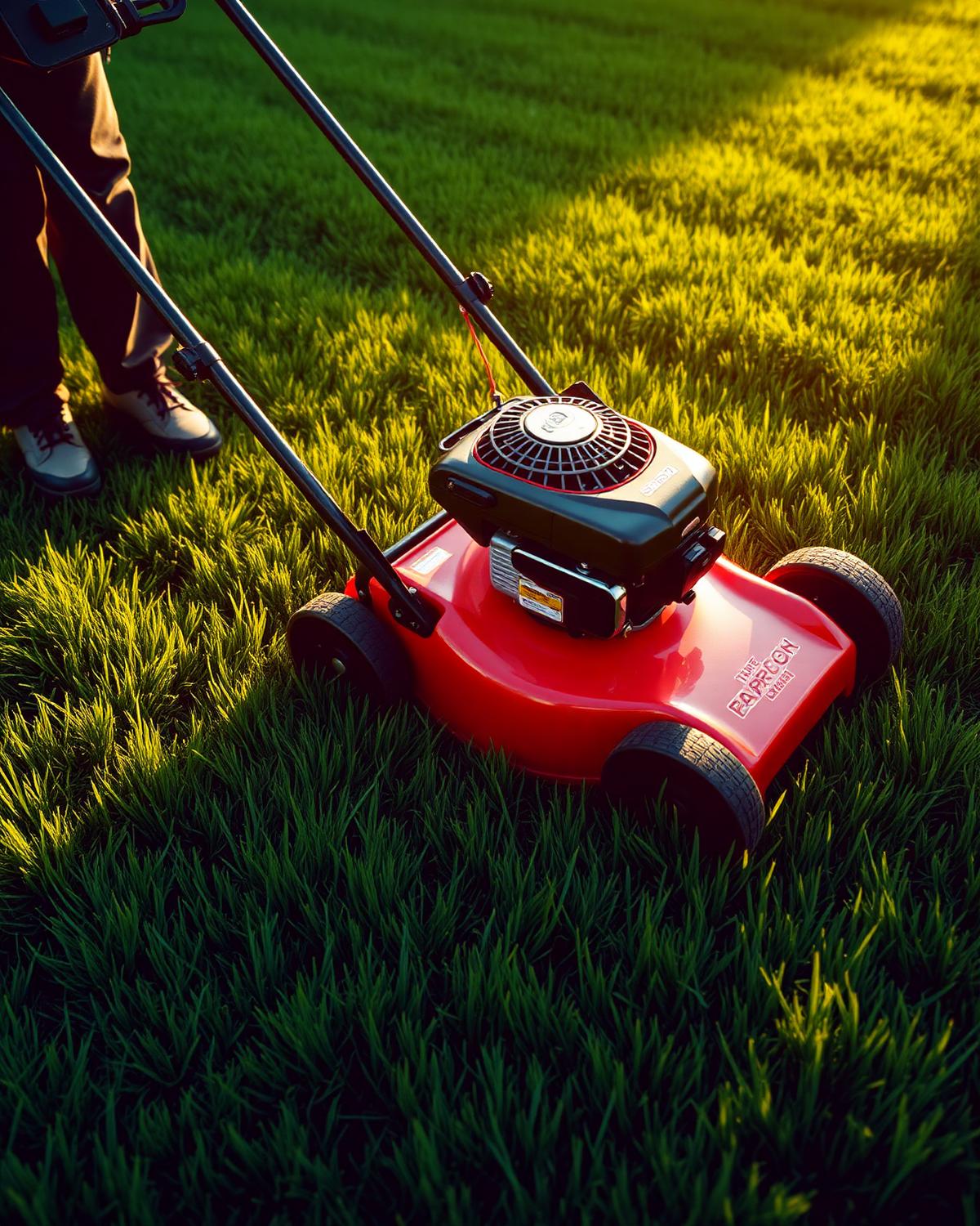 A petrol cylinder mower cutting crisp green stripes at golden hour