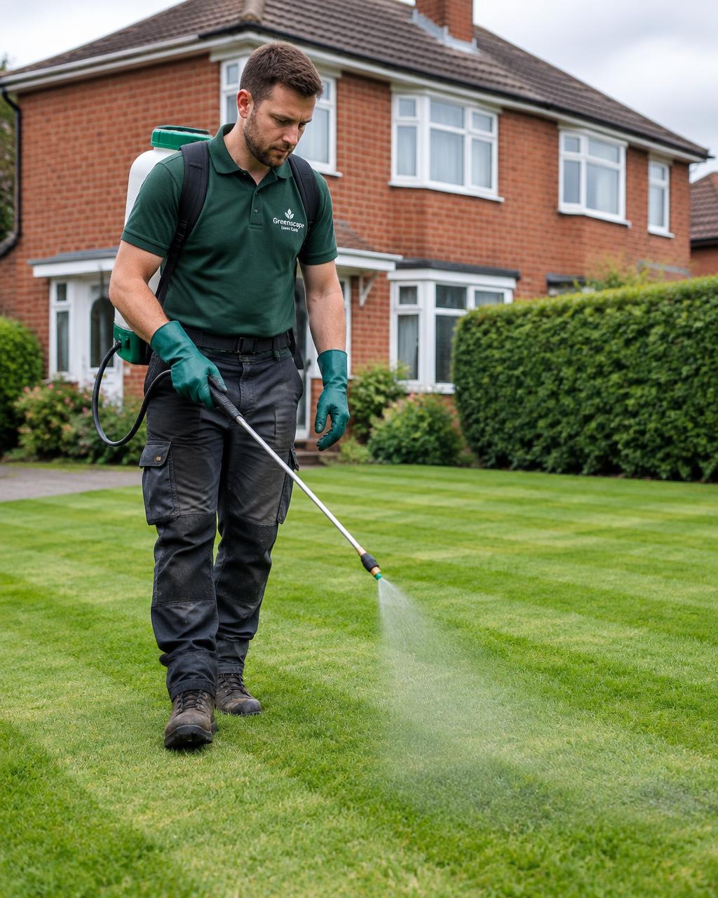 A professional spreader casting fertiliser granules over a striped lawn at dawn