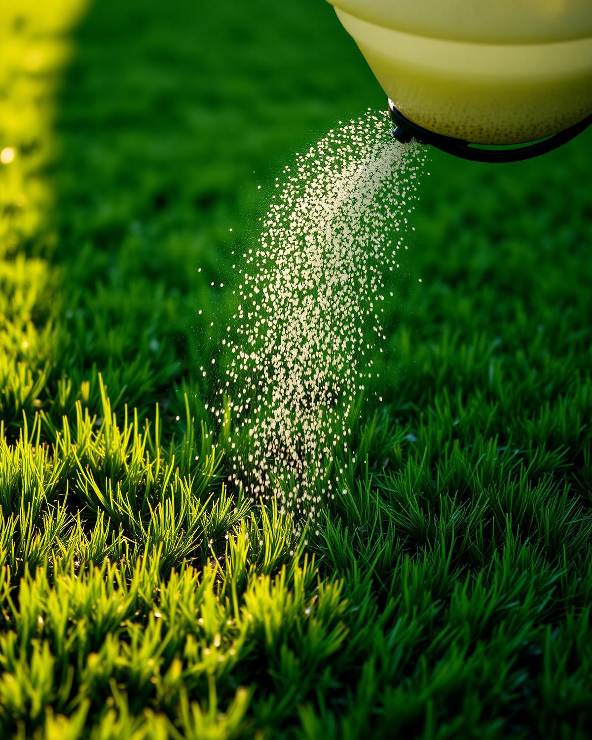 A professional spreader casting fertiliser granules over a striped lawn at dawn